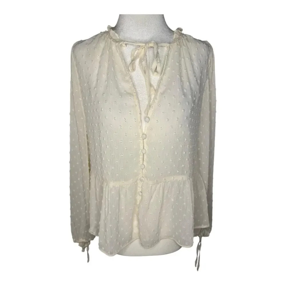 NEW ZARA Women’s XS Ecru Frilly Dotted Semi-Sheer Tie Neck Blouse NWT